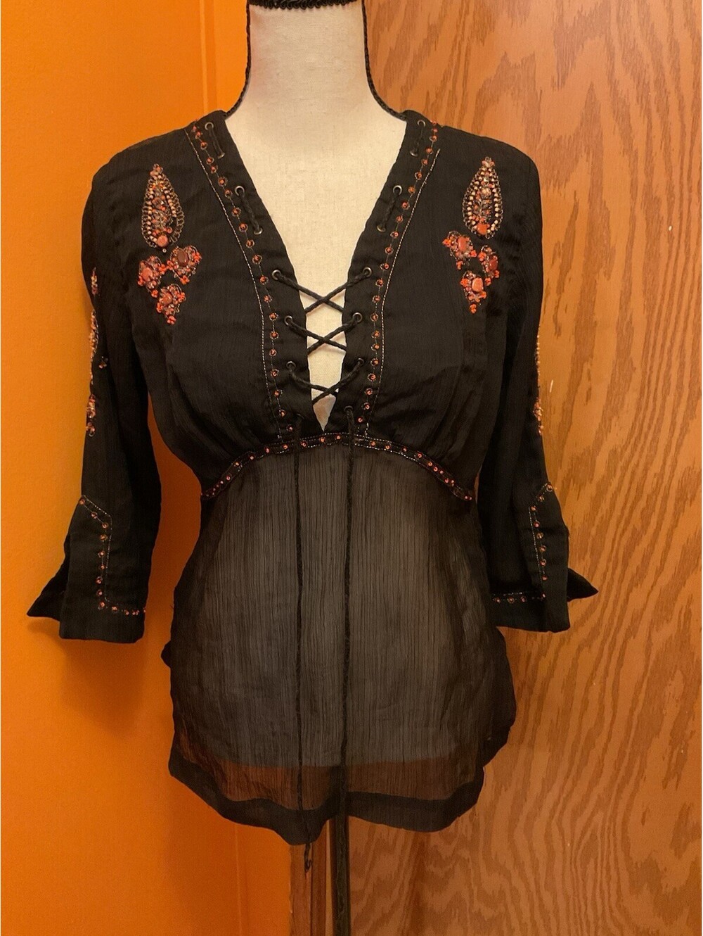 Y2K Mixit Sheer Boho Peasant Tunic Intricate Orange Beading XS